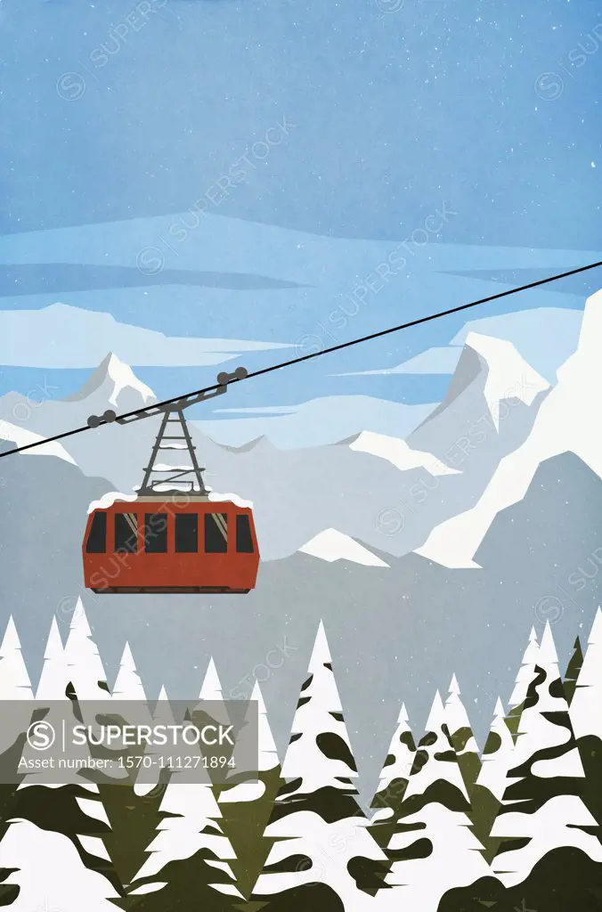 Ski gondola ascending mountain