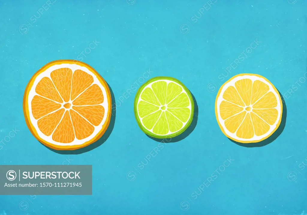 Vibrant citrus slices on blue background