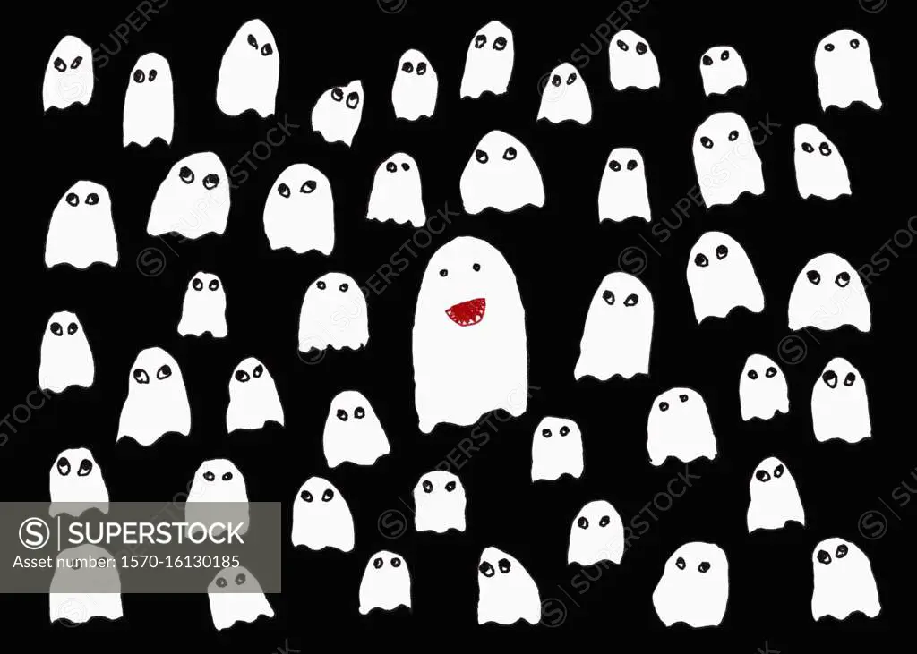 Drawing of cute white ghosts on black background