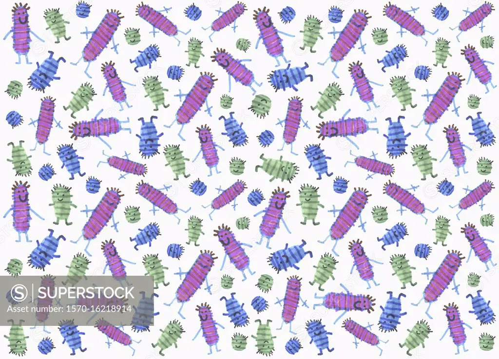 Illustration smiling anthropomorphic virus pattern on white background