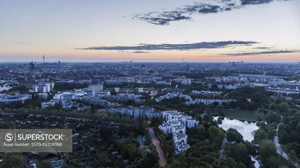 Scenic Munich cityscape and Westpark at dusk, Bavaria, Germany