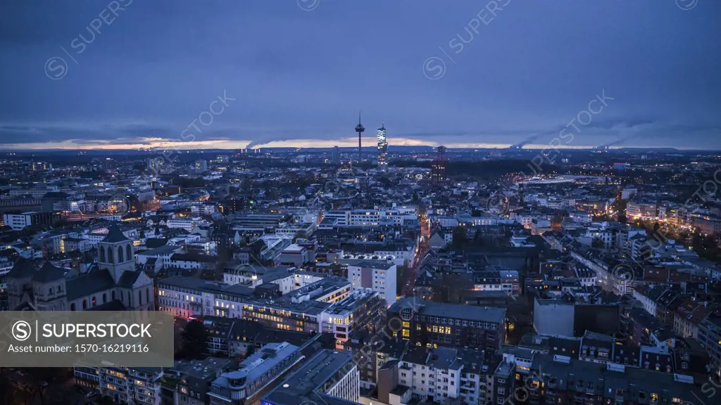 Cologne cityscape and Colonius TV Tower at night, Germany