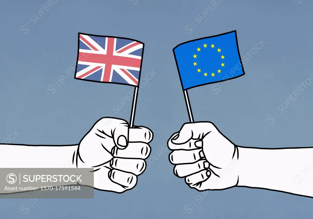 Hands holding Union Jack and European Union flags