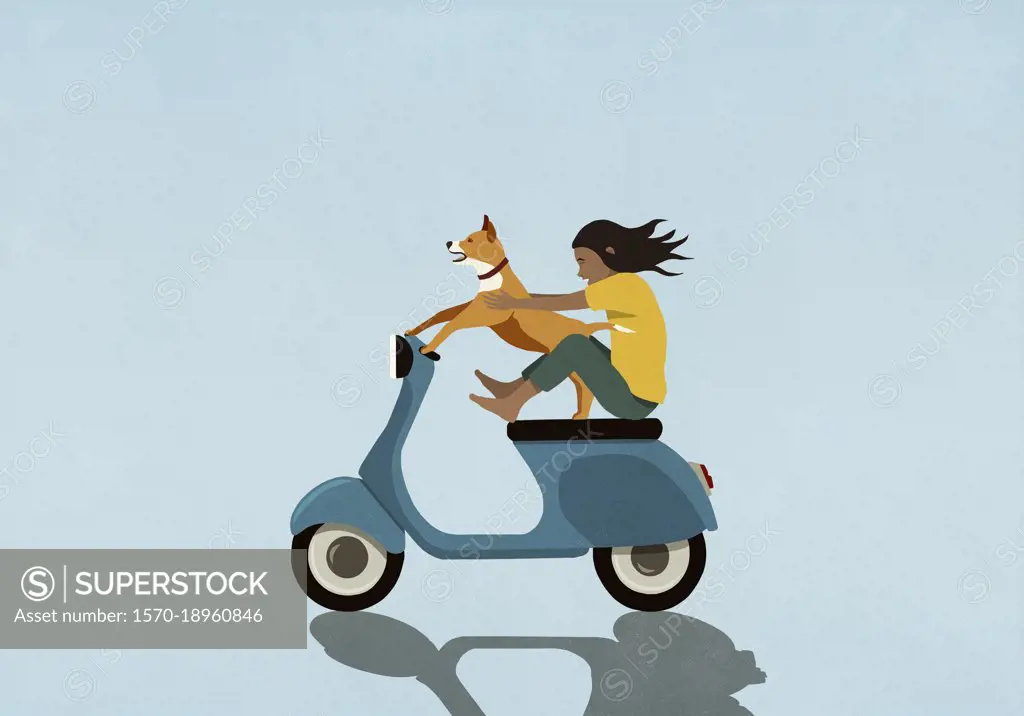 Girl and dog riding motor scooter