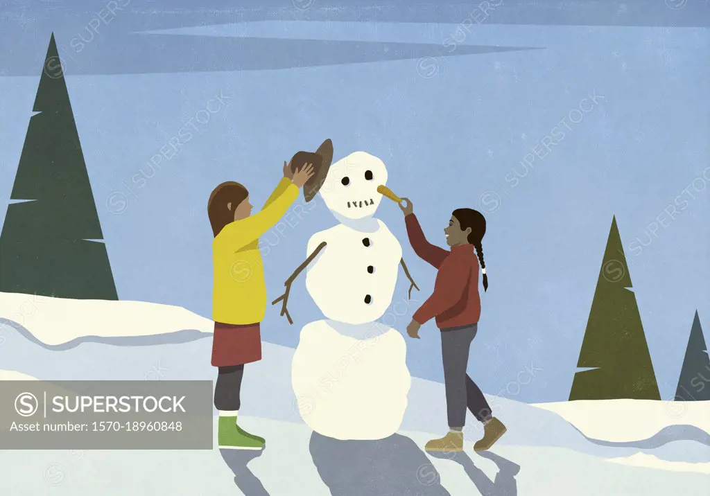 Girls making snowman, adding hat and carrot nose in snowy field