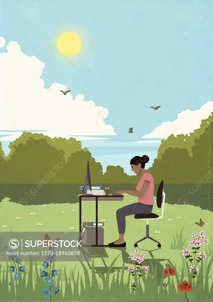 Businesswoman working at desk in sunny, idyllic springtime meadow