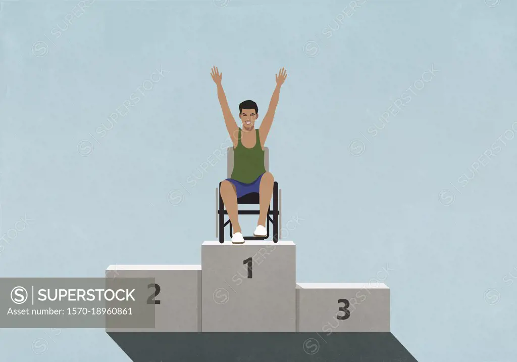 Portrait confident paraplegic athlete in wheelchair on 1st Place podium