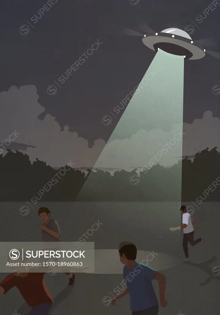 People running from UFO beam in field