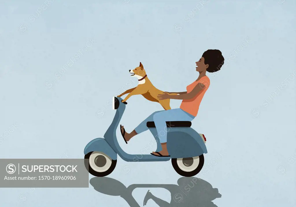 Carefree woman with dog driving motor scooter