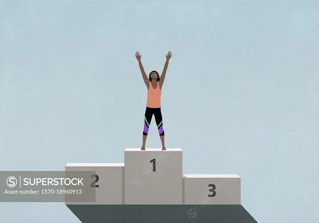 Victorious female athlete standing with arms raised, celebrating on 1st Place podium