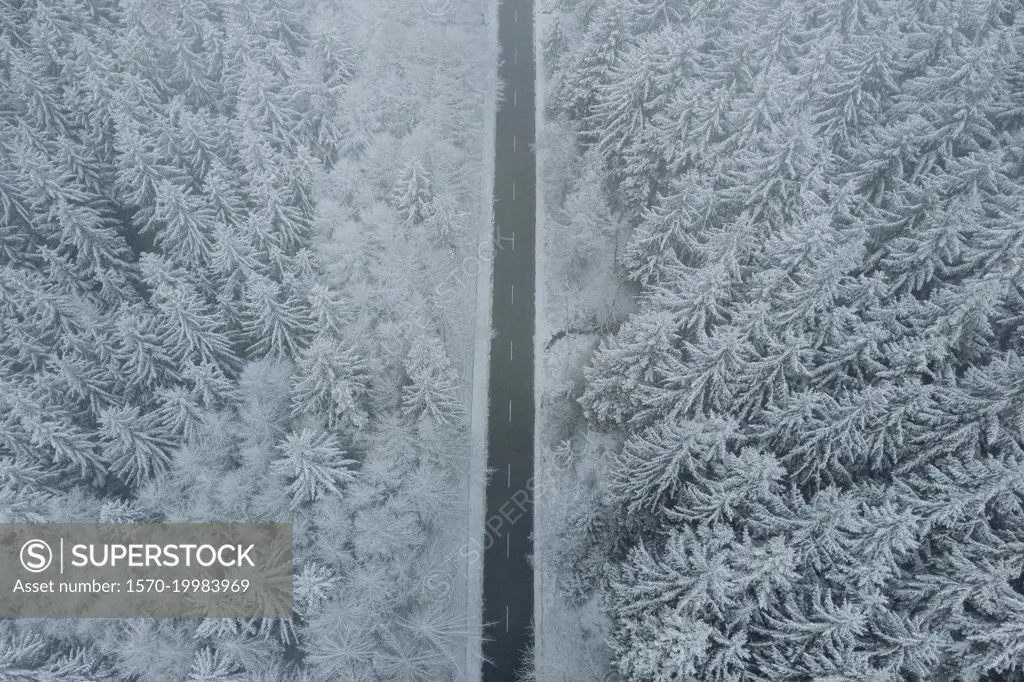 Aerial view snow covered trees along road, Snake Pass, Peak District National Park, England