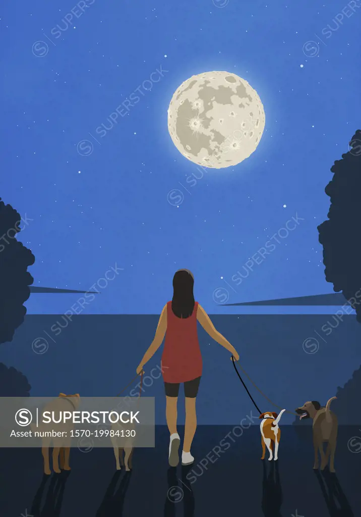 Woman with dogs standing at lakeside with scenic full moon view at night