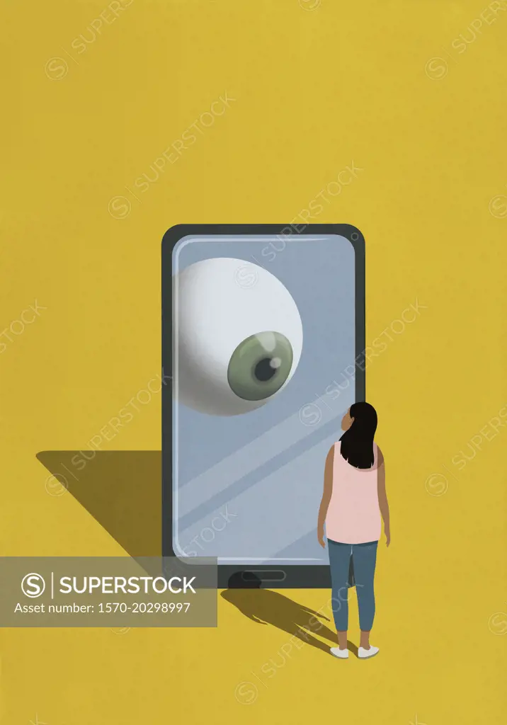 Large eyeball on smart phone watching woman