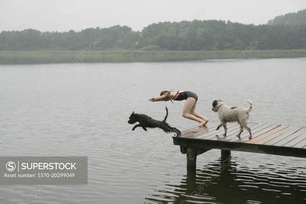 Girl and pet dogs diving into lake from dock