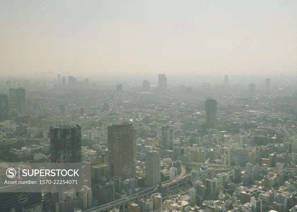 Sunny, smoggy cityscape view, Tokyo, Japan