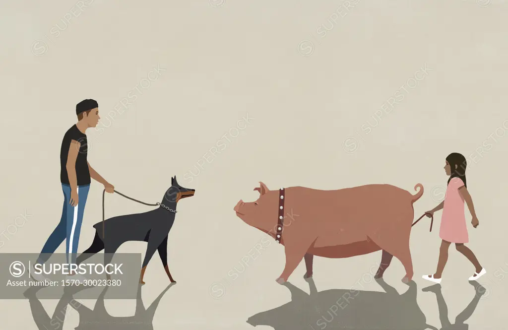 Man with dog on leash approaching girl with pet pig on leash