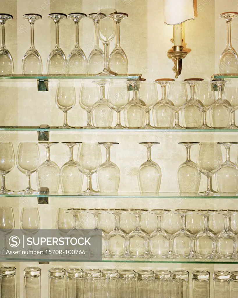 Bar glasses on shelves