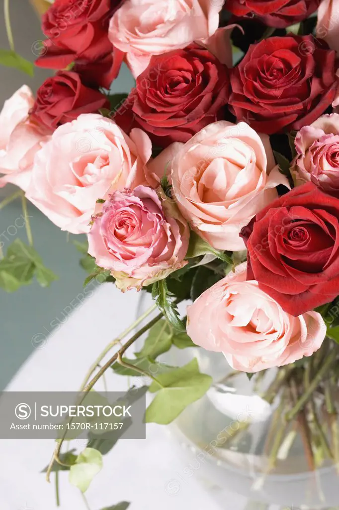 A bouquet of red and pink roses in a vase on a table