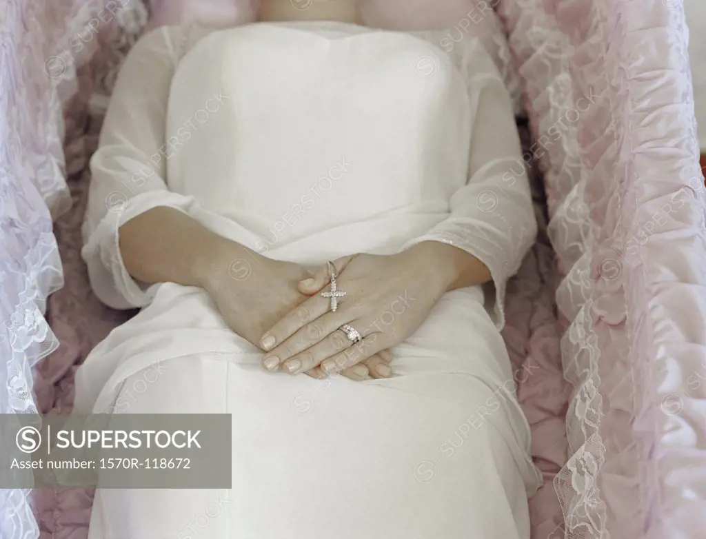 A woman lying in a coffin