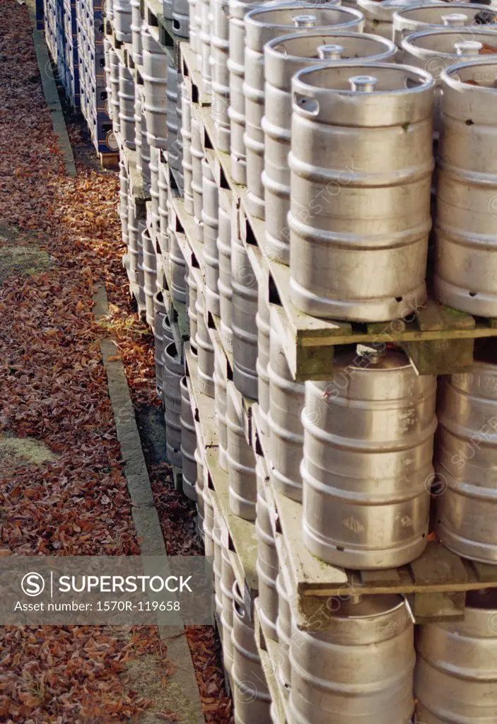 Stacks of beer kegs