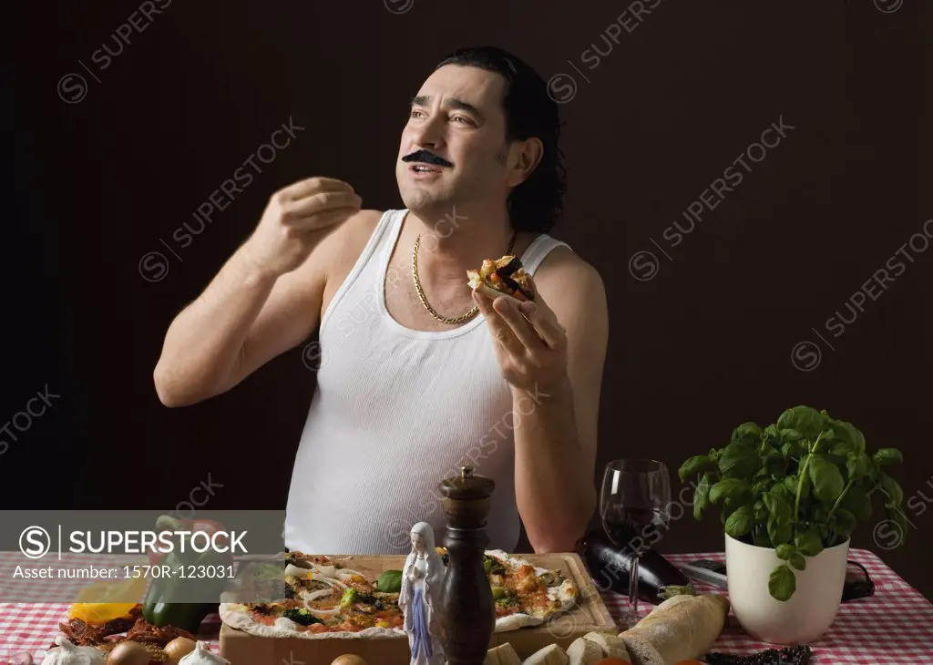 Stereotypical Italian Man Eating pizza and gesturing with hand