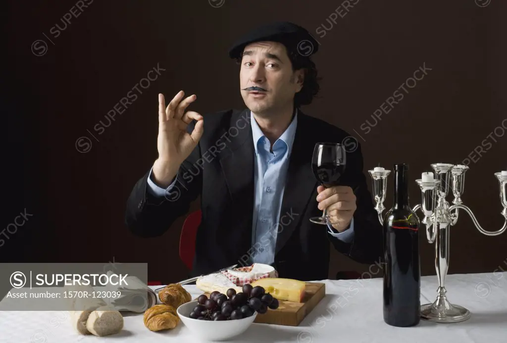 Stereotypical French man with stereotypical French food