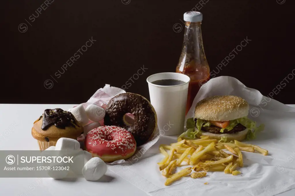 Stereotypical American fast food meal and snack food