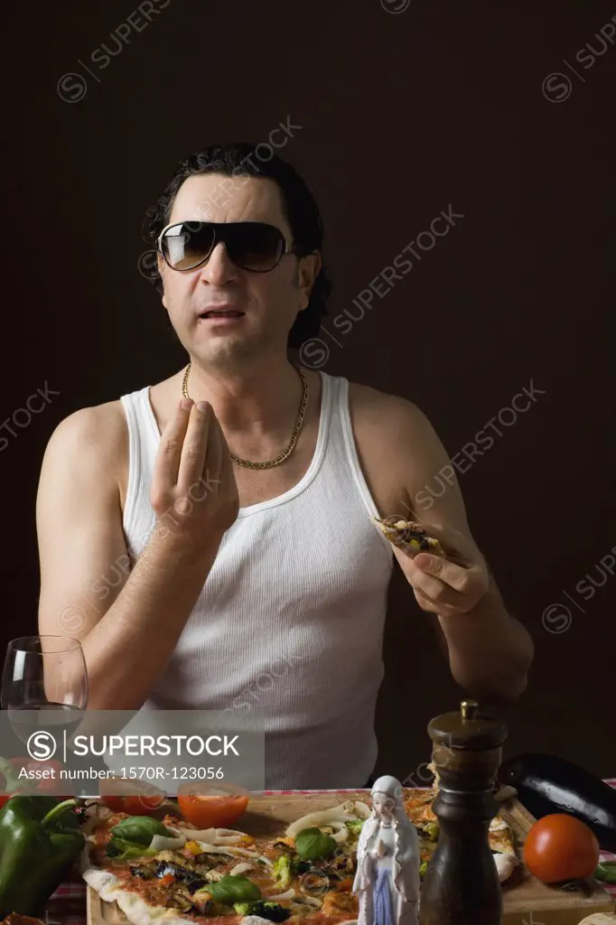 Stereotypical Italian Man Eating pizza and gesturing with hand