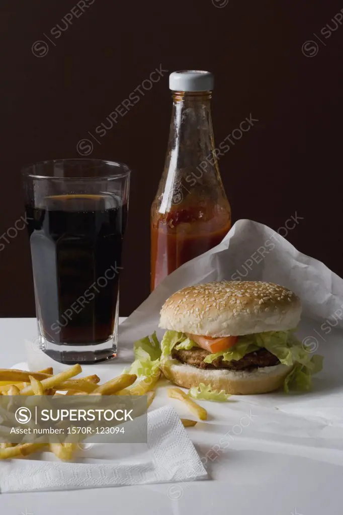 Still life of a stereotypical American fast food meal