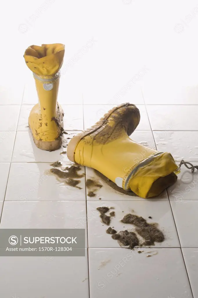 A pair of muddy rubber boots