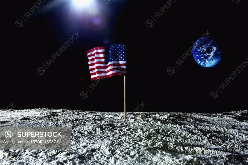 An American flag on the surface on the moon