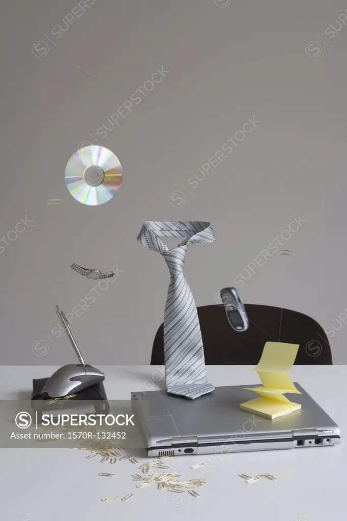 Objects in office floating in mid-air