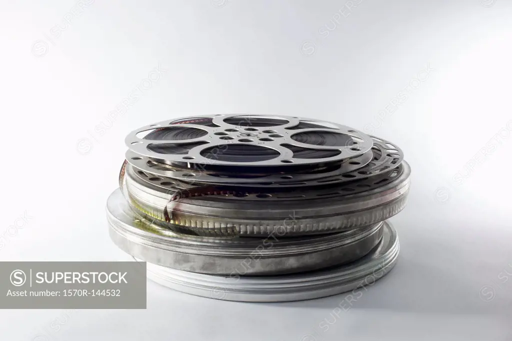 Stack of film reels in canisters