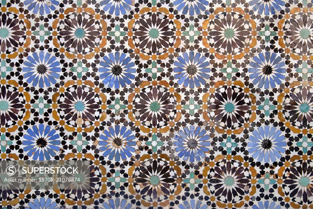 Full frame shot of mosaic tiles at Ben Youssef Madrasa, Marrakesh, Morocco