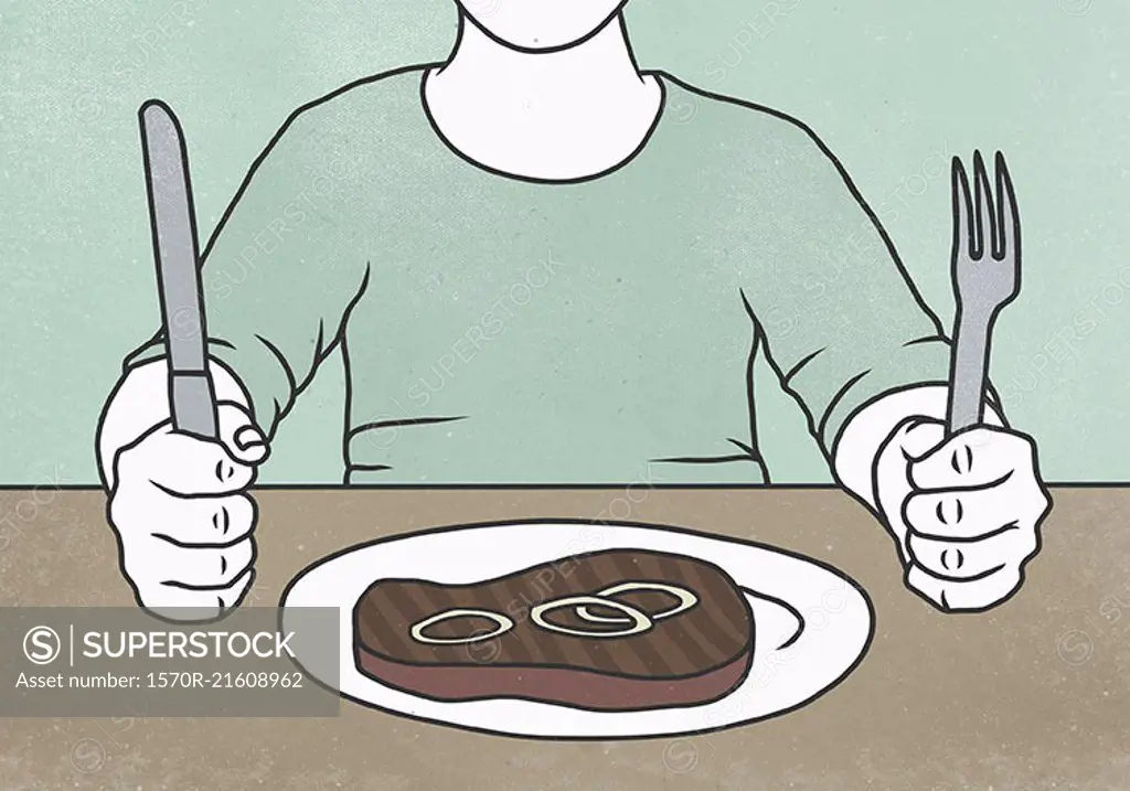 Illustration of man sitting at dining table behind steak on plate