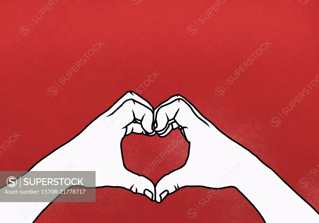 Cropped hands of person making heart shape against red background