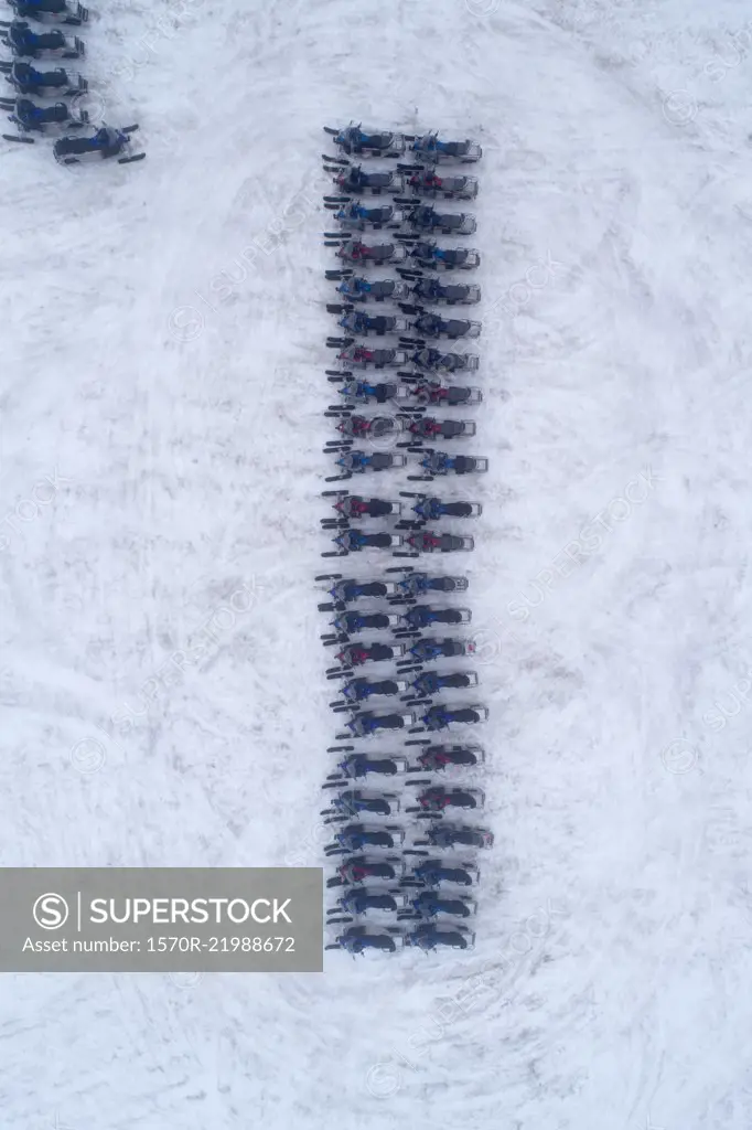 Aerial view of snowmobiles on snow, Öxará, Iceland