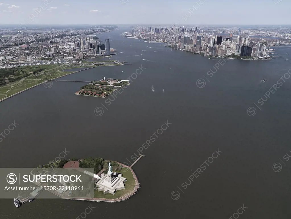 Aerial view Ellis Island and Hudson River, New York City, New York, USA