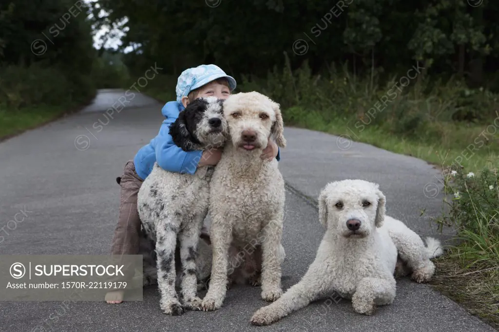 Portrait cute girl hugging dogs on rural road