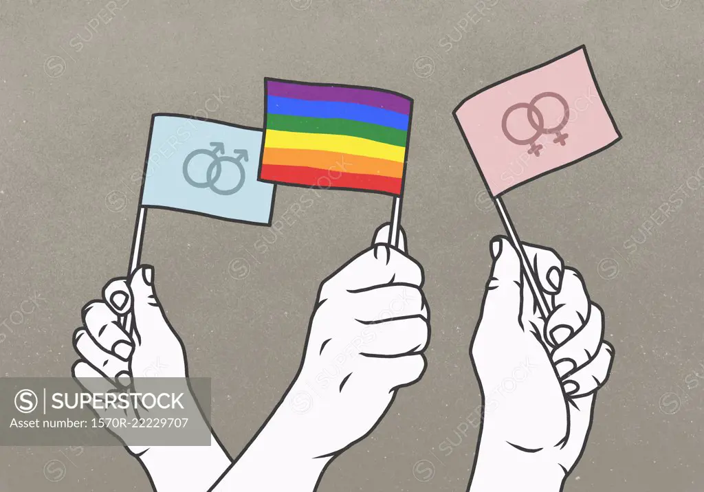 Opposing hands waving rainbow and gender flags