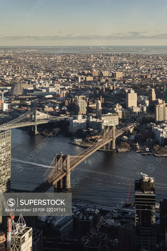 Scenic cityscape view, New York City and bridges, New York, USA