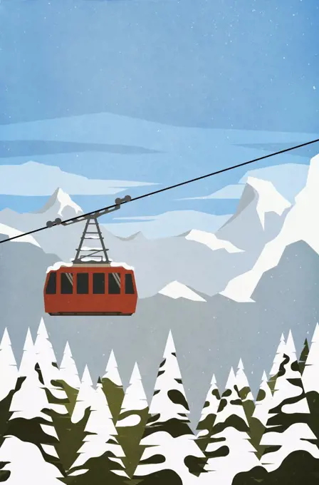 Ski gondola ascending mountain