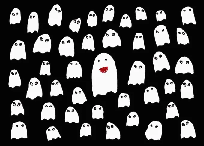 Drawing of cute white ghosts on black background