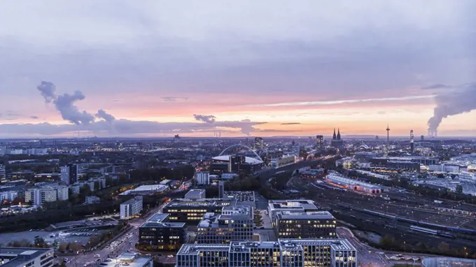 Cologne cityscape at sunset, Germany