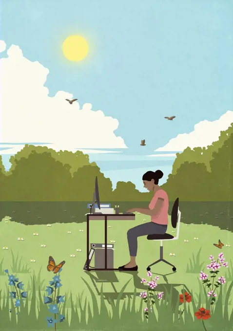 Businesswoman working at desk in sunny, idyllic springtime meadow