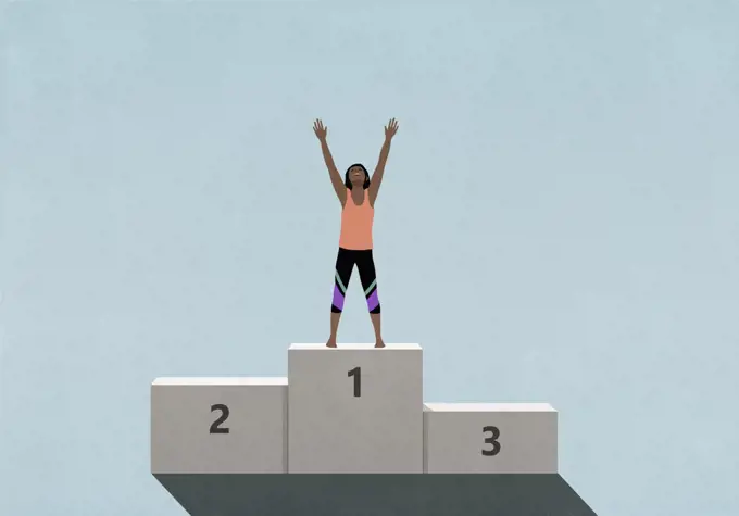 Victorious female athlete standing with arms raised, celebrating on 1st Place podium