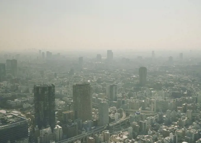 Sunny, smoggy cityscape view, Tokyo, Japan