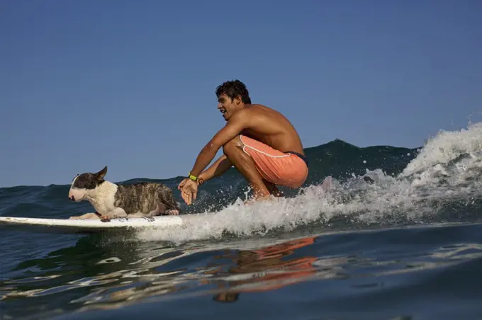 Young man and dog riding surfboard on ocean wave