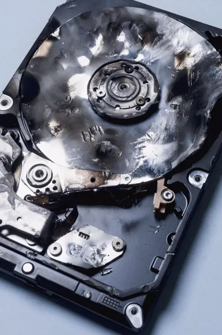 Close up burned external hard disk drive