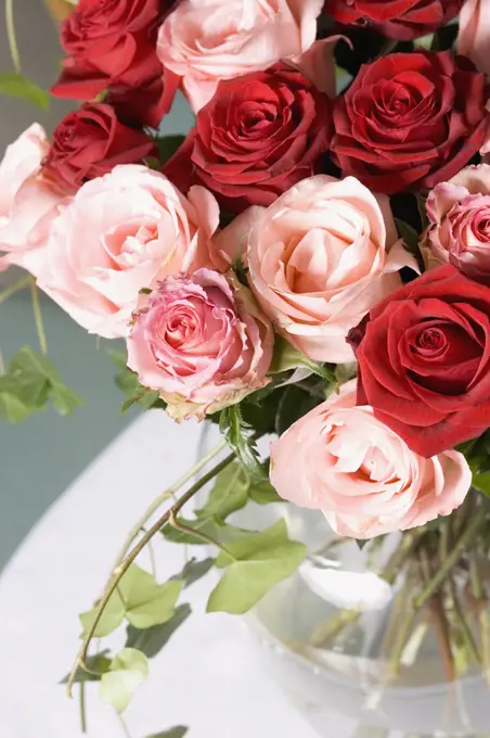 A bouquet of red and pink roses in a vase on a table